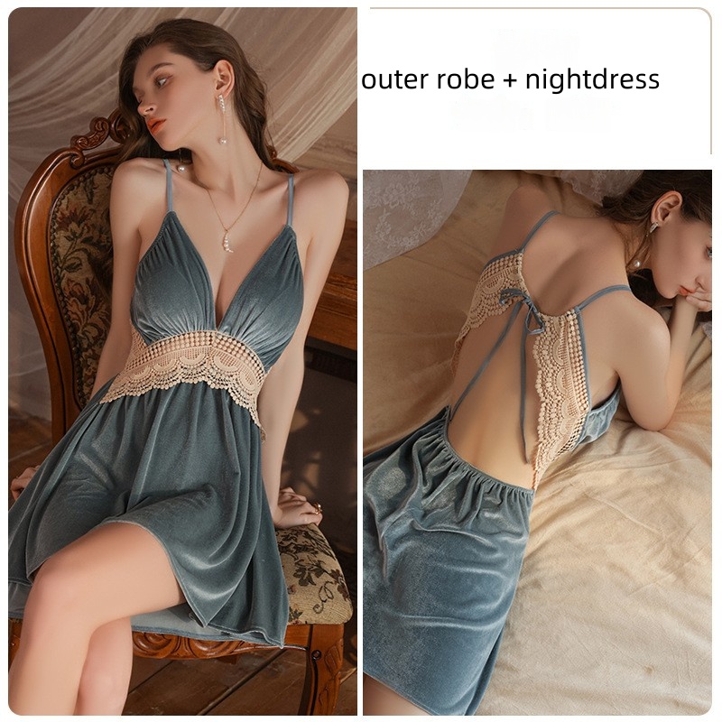 Nouveau style automne et velours d\'hiver et tulle sans dos, sexy deep V-Nightgown en forme avec construit-Dans Bra Pads et une robe extérieure assortie, parfait pour Home Wear4054 Prix:$179.99