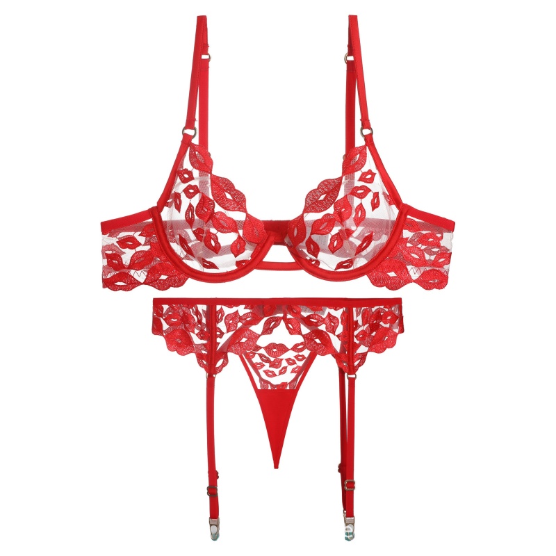 Lingerie sexy - ultra-Fin, avec de la broderie à lèvres rouges et de la dentelle. Il\\Un ensemble de soutien-gorge pour les gros seins qui les rend plus petits et empêche le prix W7229 de s\'affaisser:$219.99